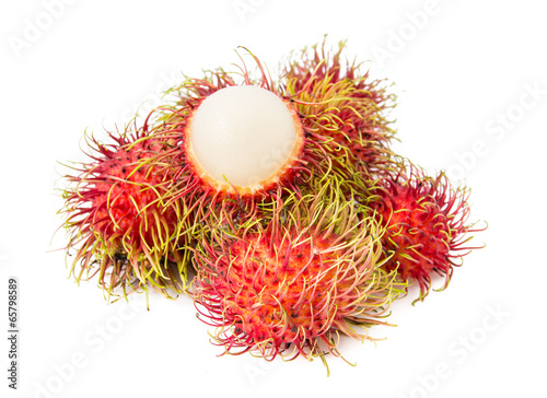 Rambutan fruit with red shell on white background