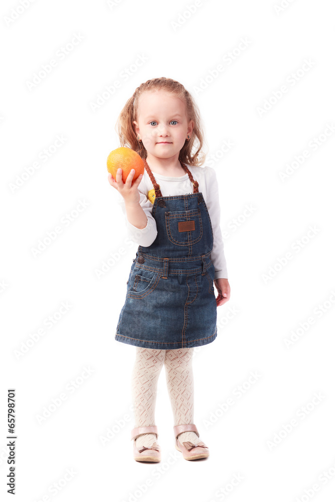 Pretty little girl holding an orange isolated on white Pretty little girl holding an orange isolated on white