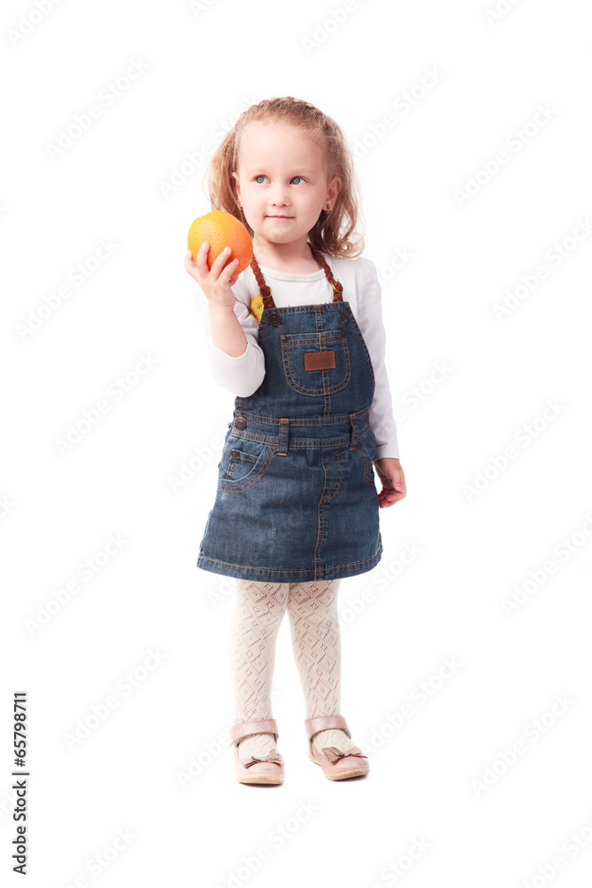 Pretty little girl holding an orange isolated on white Pretty little girl holding an orange isolated on white