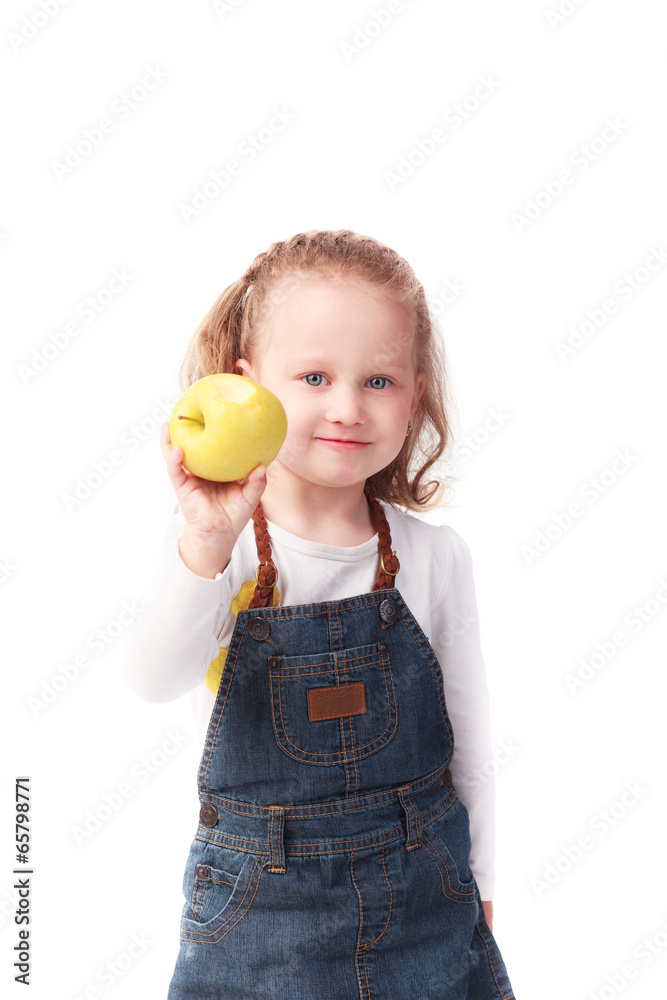 Pretty little girl holding apple isolated on white Pretty little girl holding apple isolated on white