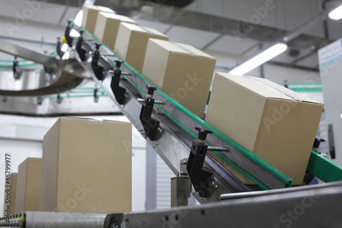 Cardboard boxes on conveyor belt in factory photo