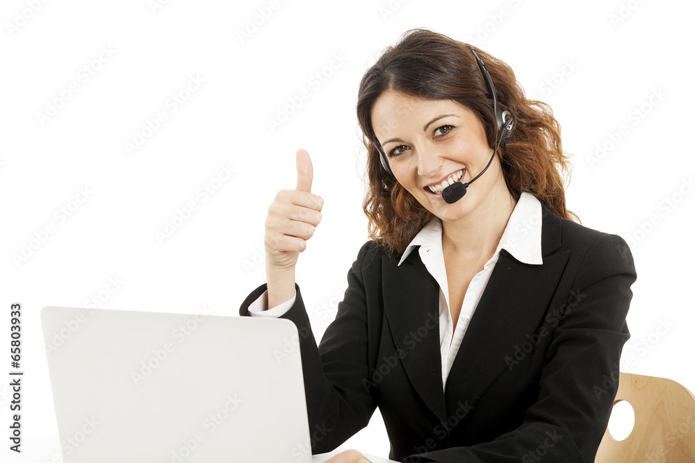 Woman customer service worker, call center smiling operator Woman customer service worker, call center smiling operator
