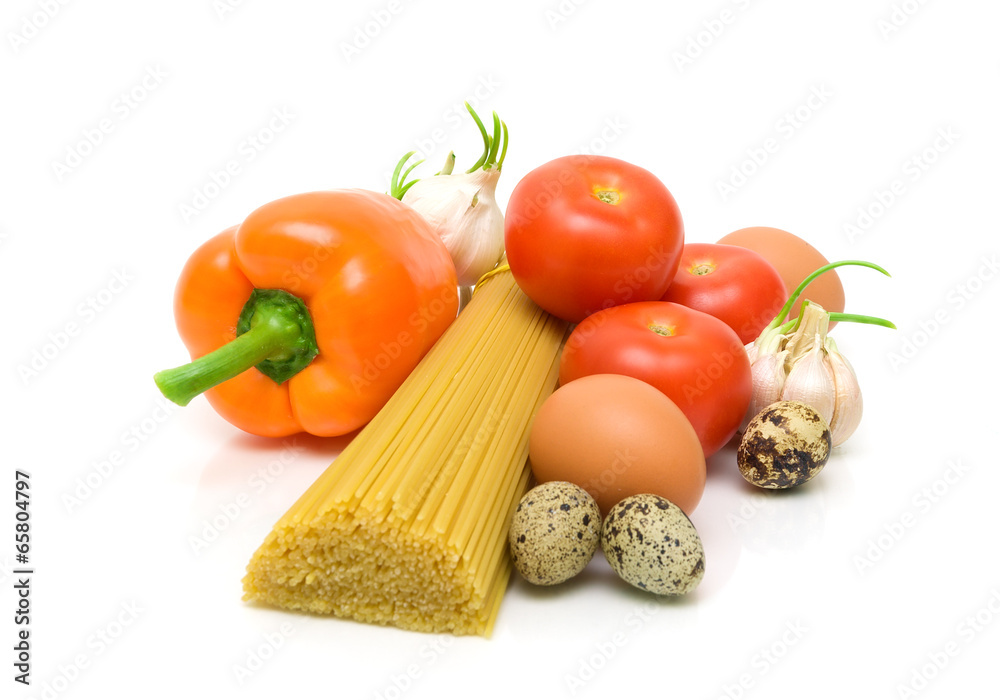 vegetables, eggs and spaghetti on a white background vegetables, eggs and spaghetti on a white background