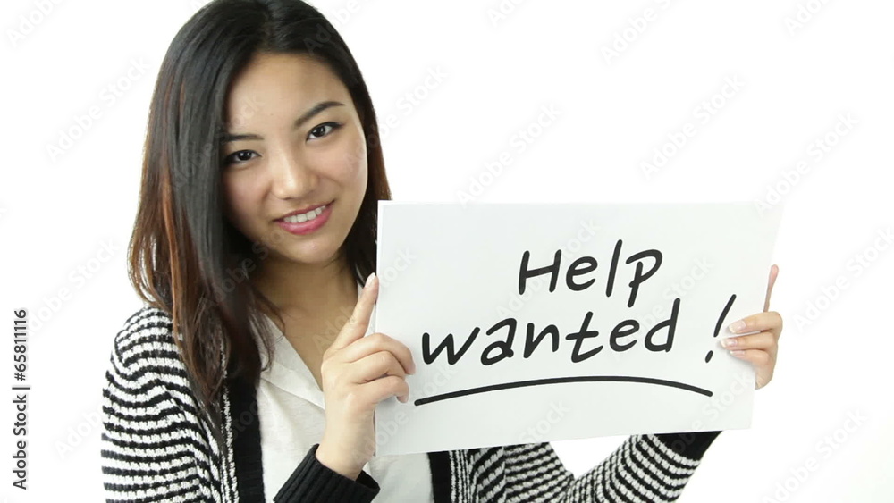 asian girl isolated on white smiling with help sign asian girl isolated on white smiling with help sign