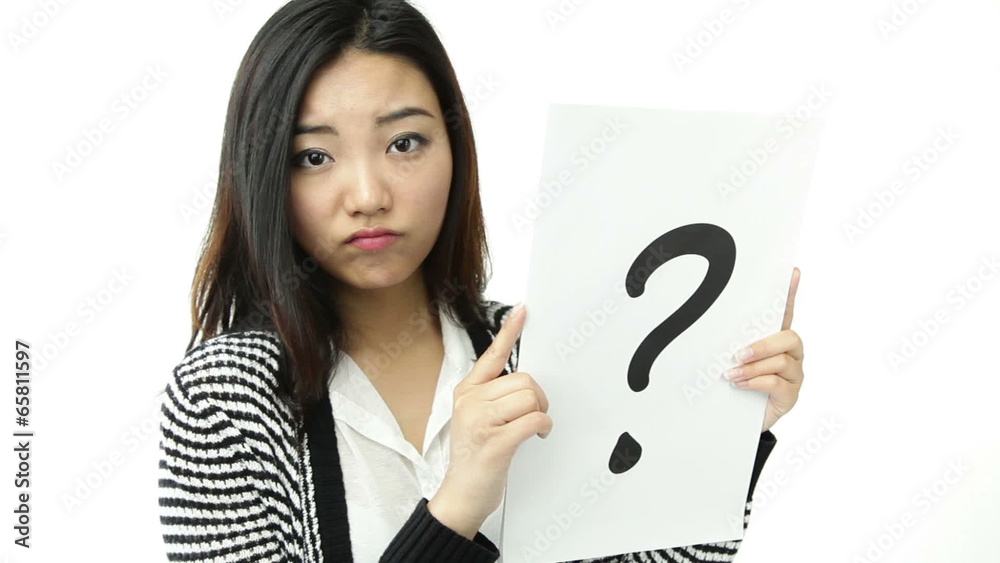 asian girl isolated on white confused with sign asian girl isolated on white confused with sign