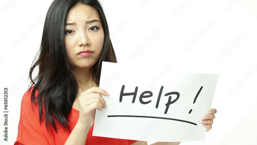 asian girl orange sundress isolated on white with help sign asian girl orange sundress isolated on white with help sign