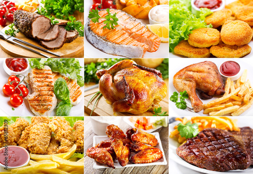 Photography various meals with meat, fish and chicken