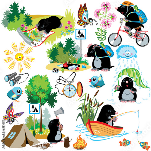 set with cartoon mole in camping