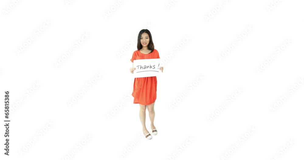 asian girl orange sundress isolated on white with thanks sign asian girl orange sundress isolated on white with thanks sign