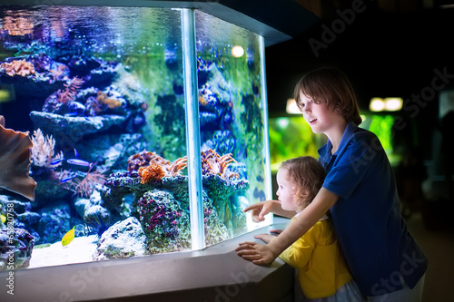 Brother and sister watching fishes in a zoo photo