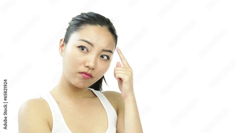 sport girl isolated on white scratching head with solution sport girl isolated on white scratching head with solution