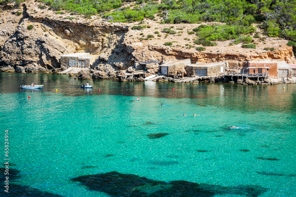Ibiza Cala Benirras beach in san Joan at Balearic Islands Spain