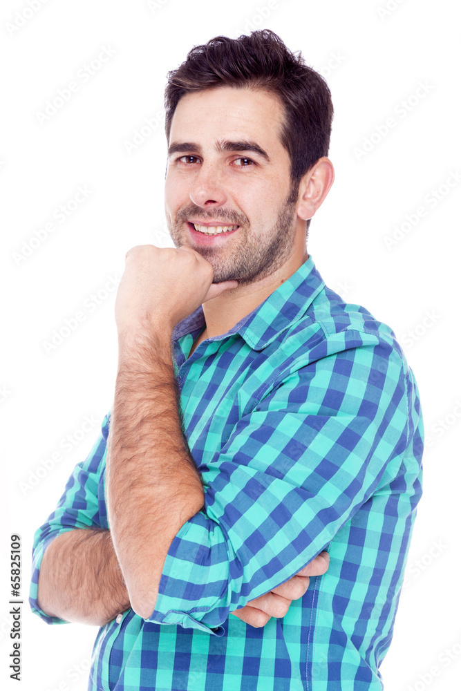 Portrait of a casual latin man smiling, isolated over a white ba Portrait of a casual latin man smiling, isolated over a white ba