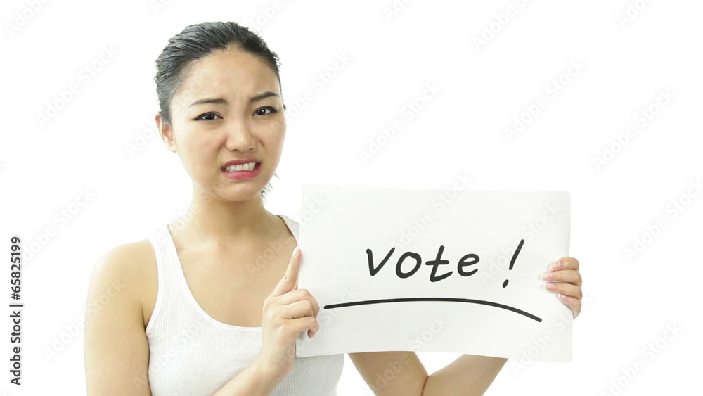 sport girl isolated on white worried with vote sign sport girl isolated on white worried with vote sign
