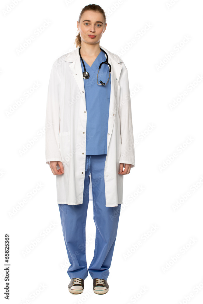 Female medical practitioner wearing white coat Female medical practitioner wearing white coat