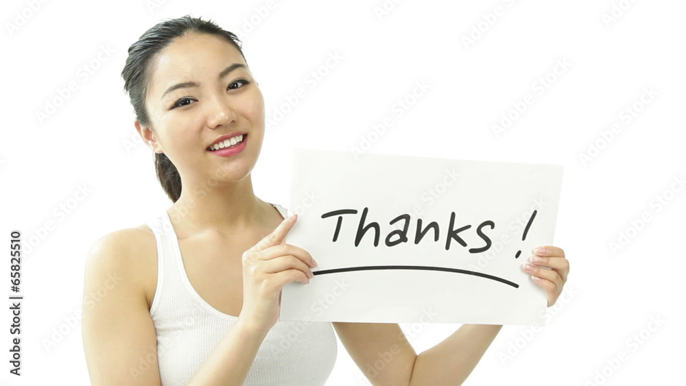 sport girl isolated on white gratefull with thanks sign sport girl isolated on white gratefull with thanks sign