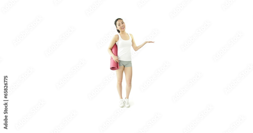 sport girl isolated on white smiling with yoga mat sport girl isolated on white smiling with yoga mat