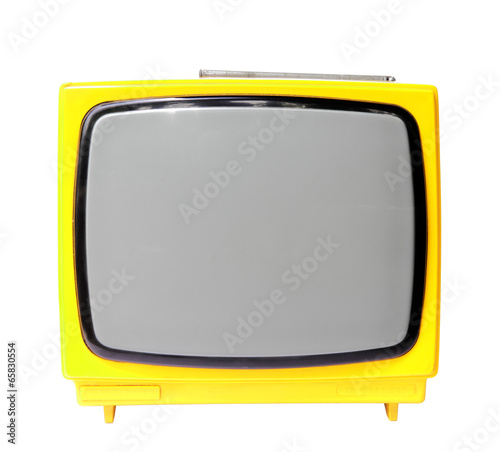 Yellow vintage analog television isolated with clipping path.