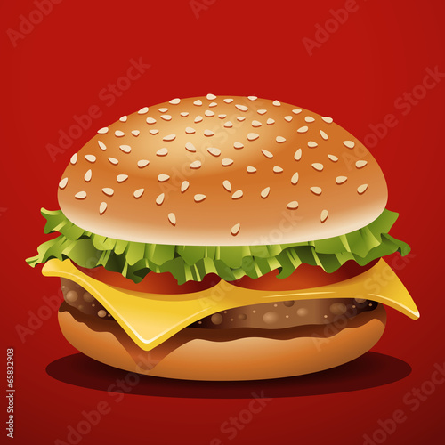 Delicious Cheeseburger on Red Background