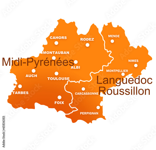 régions midi pyrénées et languedoc roussilllon avec préfectures