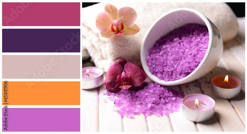 Photos Still life with beautiful blooming orchid flower, towel and