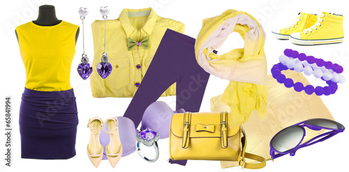 Collage of clothes in yellow and purple colors isolated on