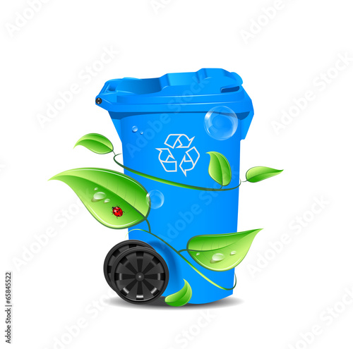Blue trash rounded by many leaves.