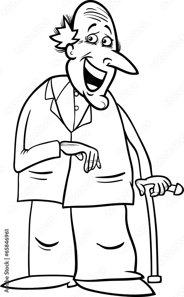 senior with cane coloring page