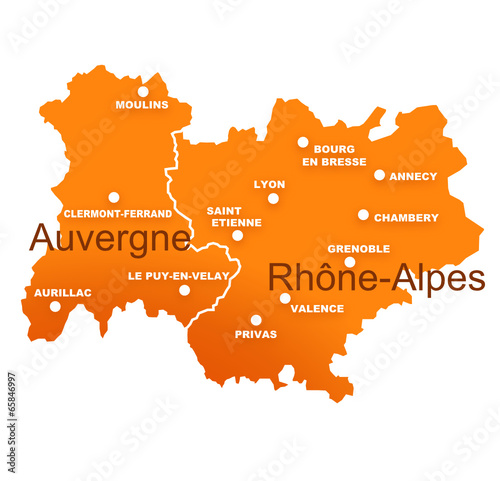Tableau sur toile régions rhône alpes et auvergne avec préfectures