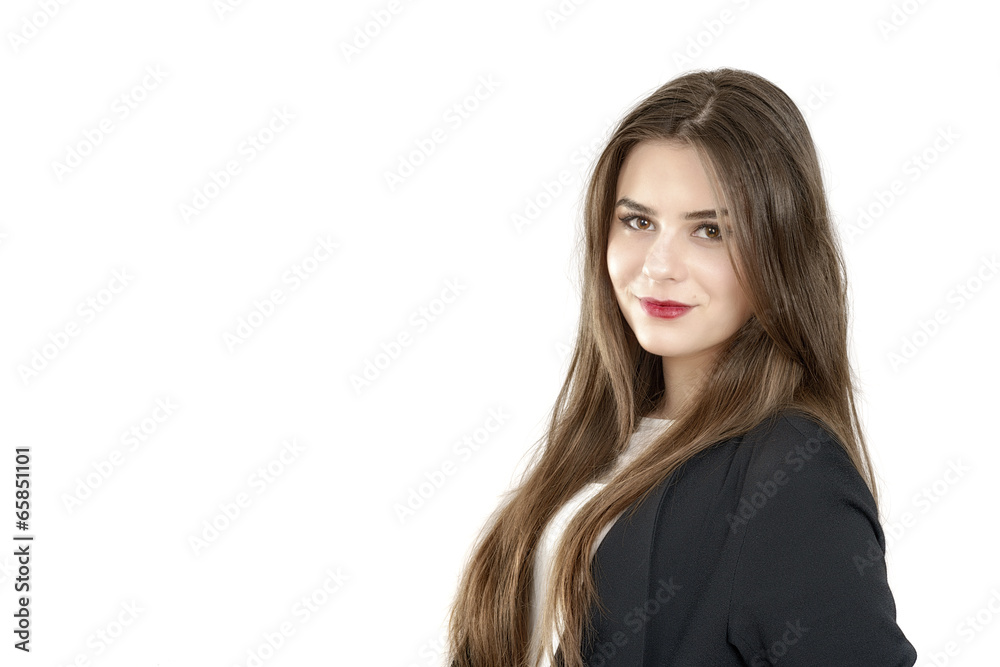 Portrait of a cute young business woman smiling, in an office en Portrait of a cute young business woman smiling, in an office en