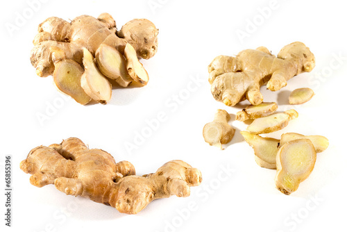 Sliced ginger on white background