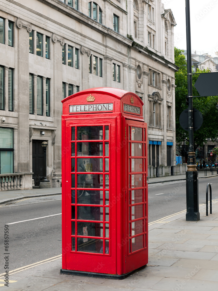 Traditional red phone booth in London, UK