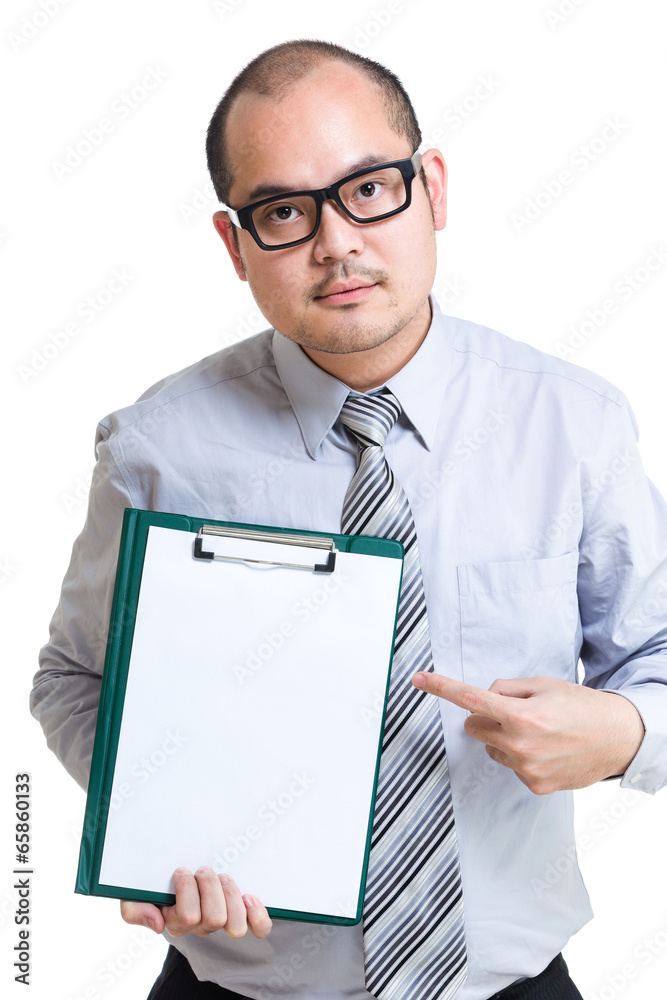 Businessman show clipboard with finger Businessman show clipboard with finger