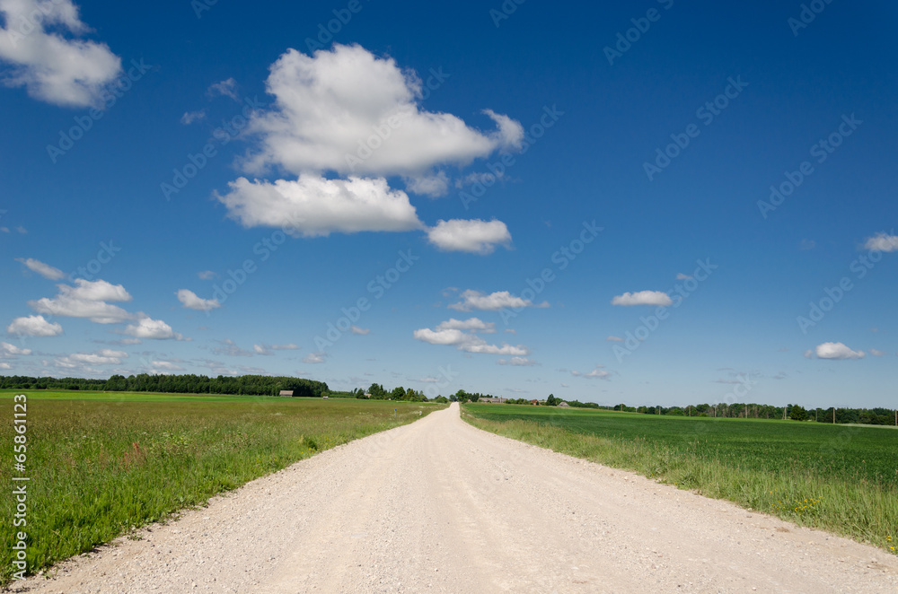 gravel road along grass blue cloud horizon