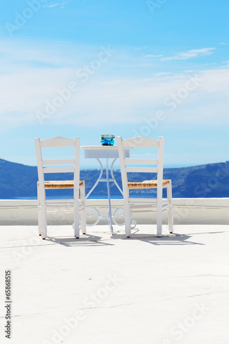 The chairs on the top of house  Santorini island  Greece