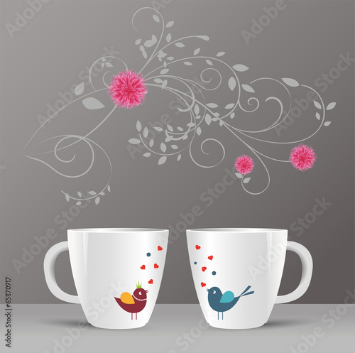 pattern of birds and spring flowers in a cup