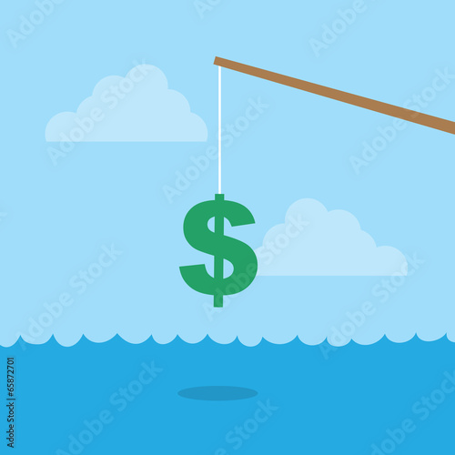 Fishing pole with dollar sign above water
