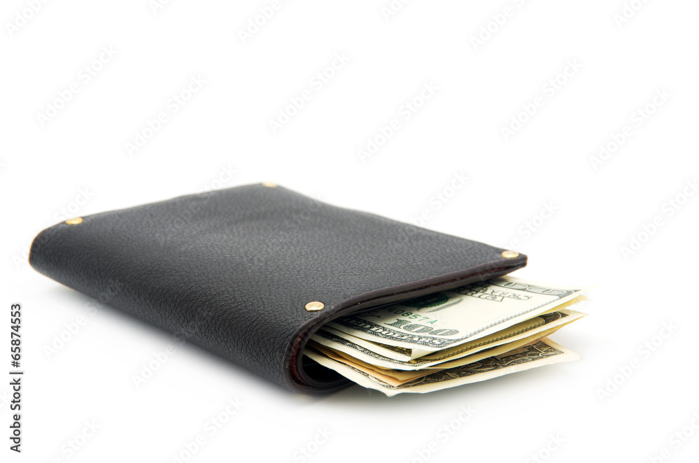 Purse with moneys (dollars) isolated on white background