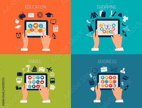 Set of flat design backgrounds for education, business, travel a