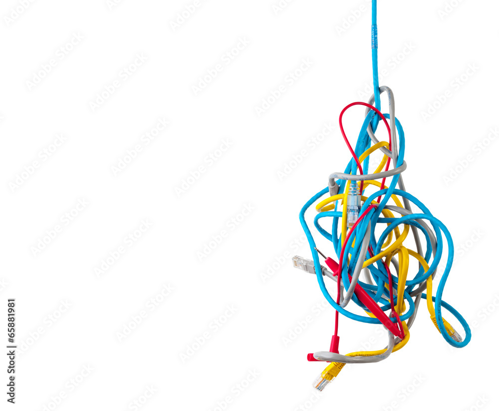 Cluster of chaotic tangled network cables isolated on white back
