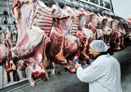 cutting meat in a meat factory
