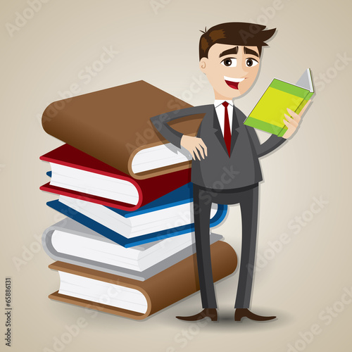 cartoon businessman reading with stack of book