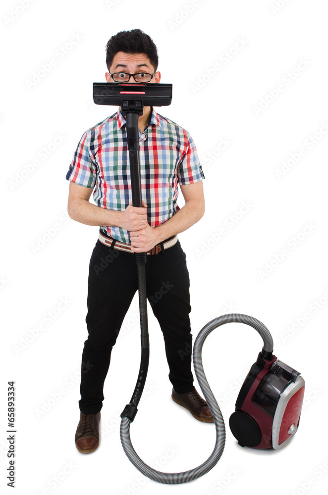 Funny man with vacuum cleaner on white Stock Photo | Adobe Stock