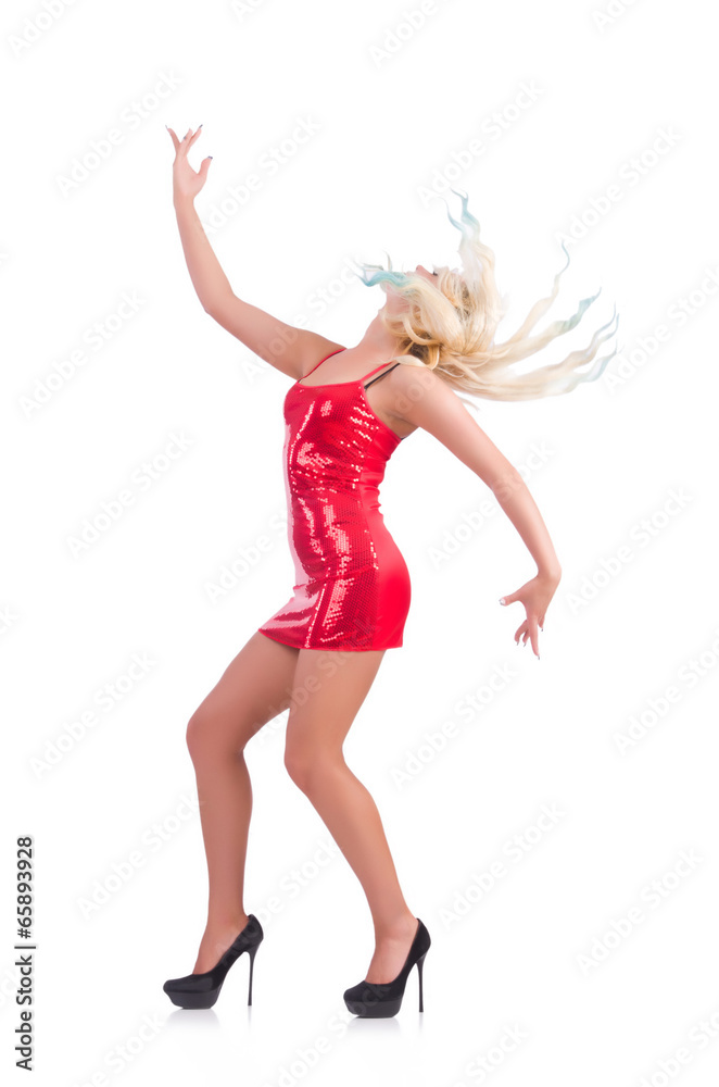 Woman dancing in red dress isolated on white Woman dancing in red dress isolated on white