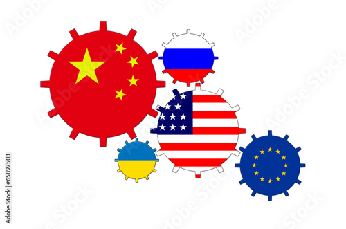 Gears with flags of the world - China, USA, ES, Uktaine, Russia photo