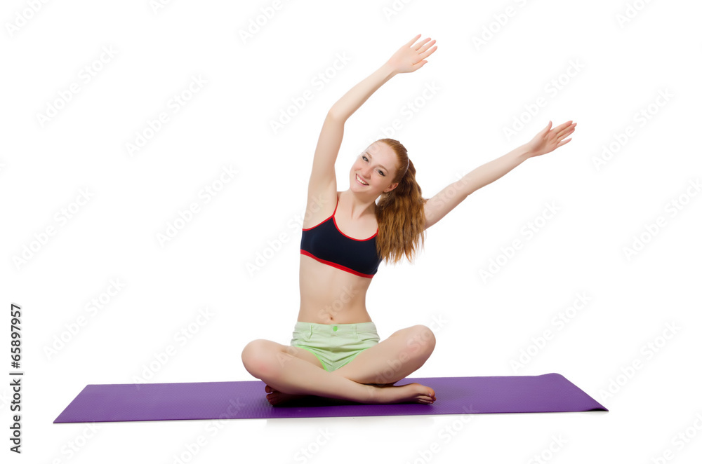 Young woman doing sport exercises isolated on white Young woman doing sport exercises isolated on white