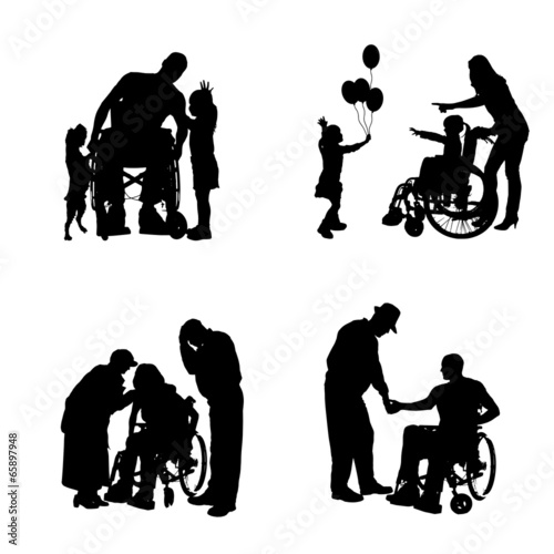 Vector silhouettes of people in a wheelchair.