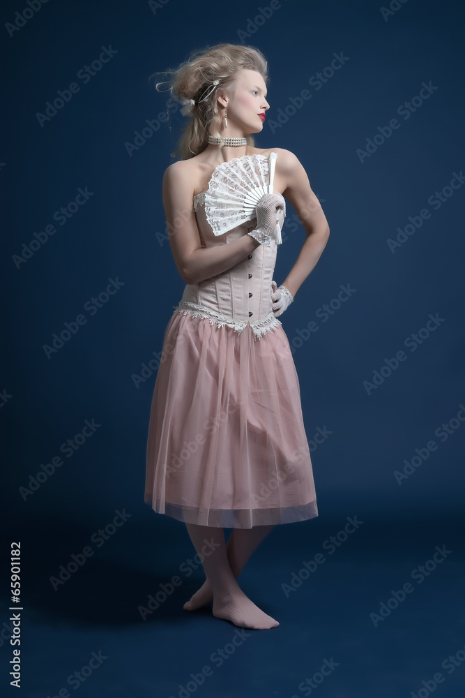 Retro classic baroque ballet fashion woman wearing pink corset a Retro classic baroque ballet fashion woman wearing pink corset a