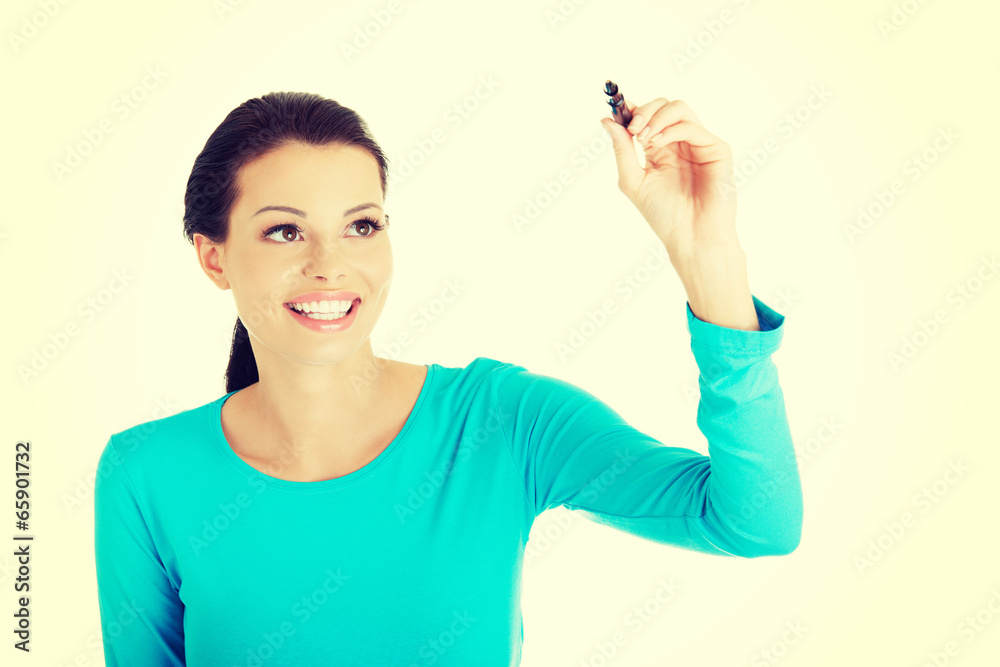 Student woman writing something on abstract screen