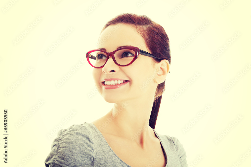 Portrait of beautiful woman in red eyeglasses. Portrait of beautiful woman in red eyeglasses.